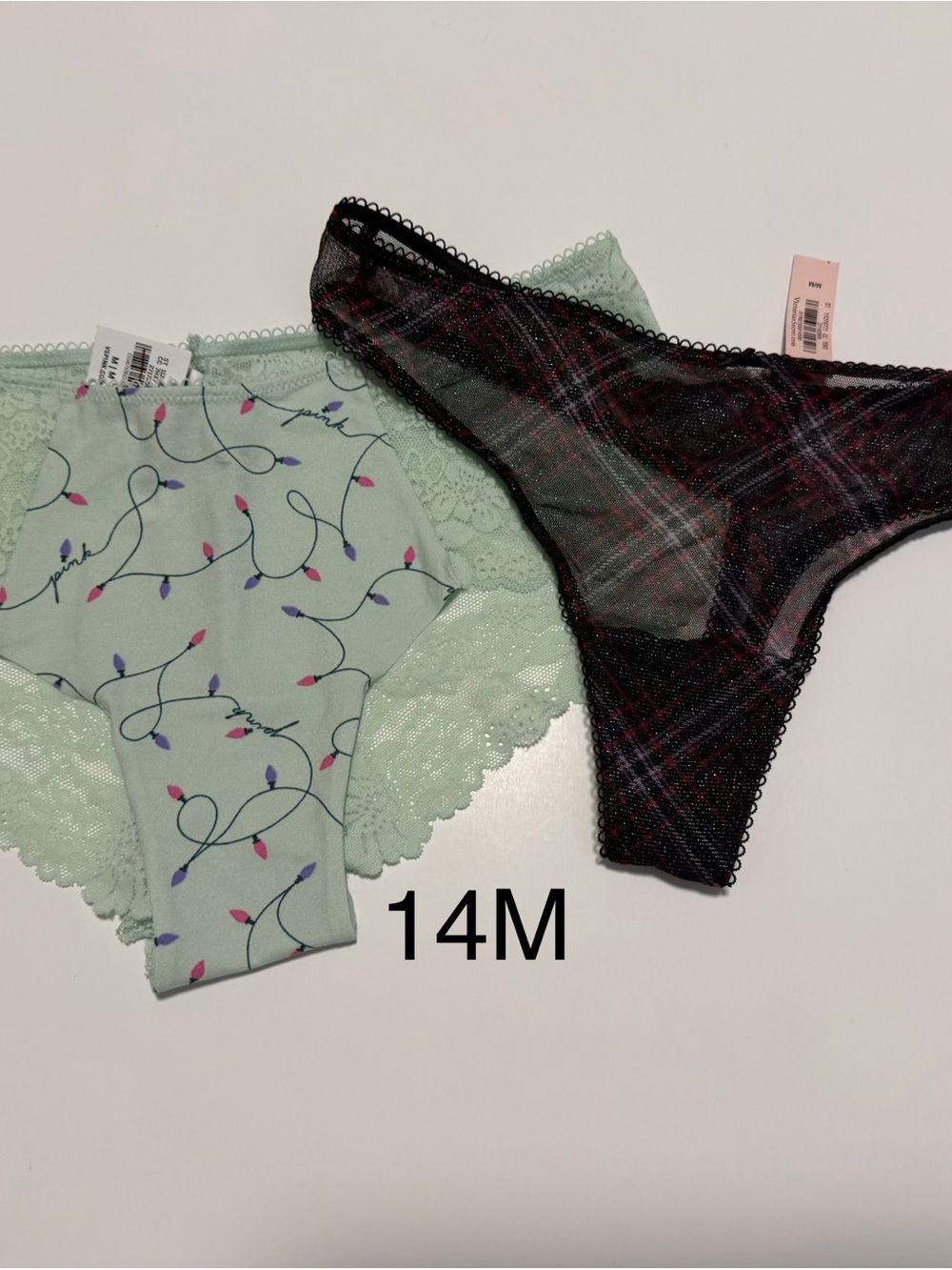 Victoria's Secret Mint Floral Hipster & Black Plaid Sheer Thong - Mint & Black